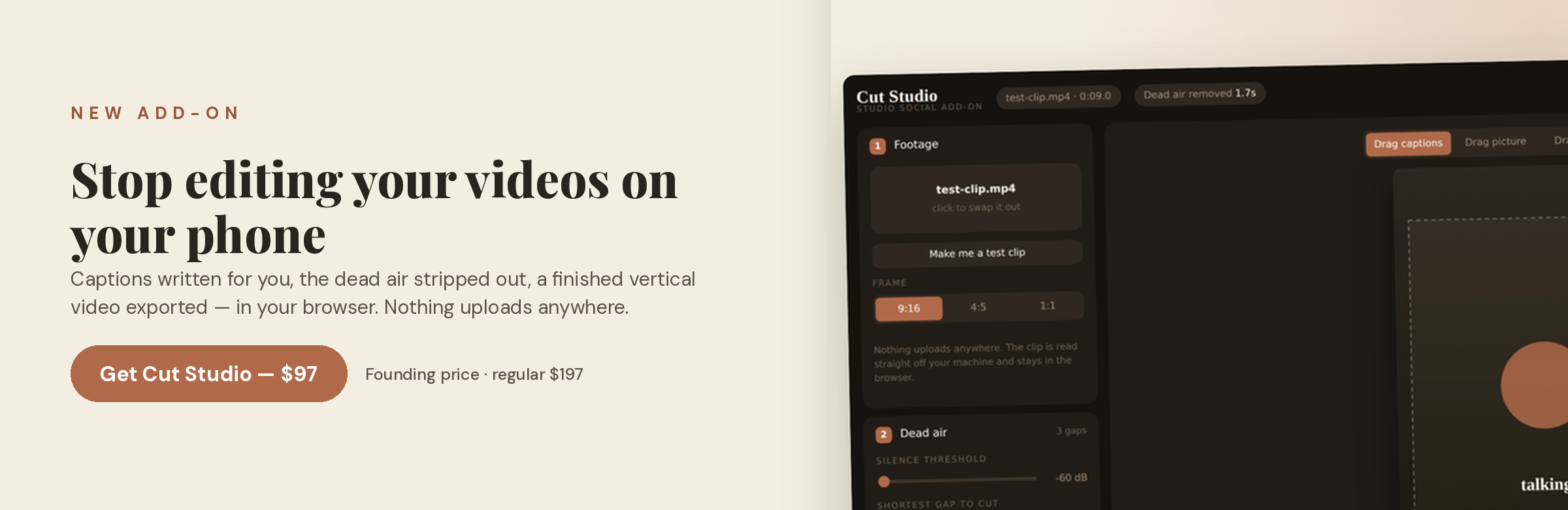 Cut Studio &mdash; captions, dead-air cutting and export, in your browser