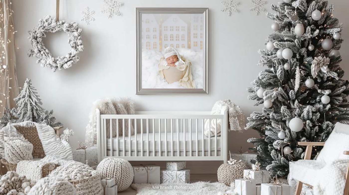 Framed newborn portrait in a decorated nursery