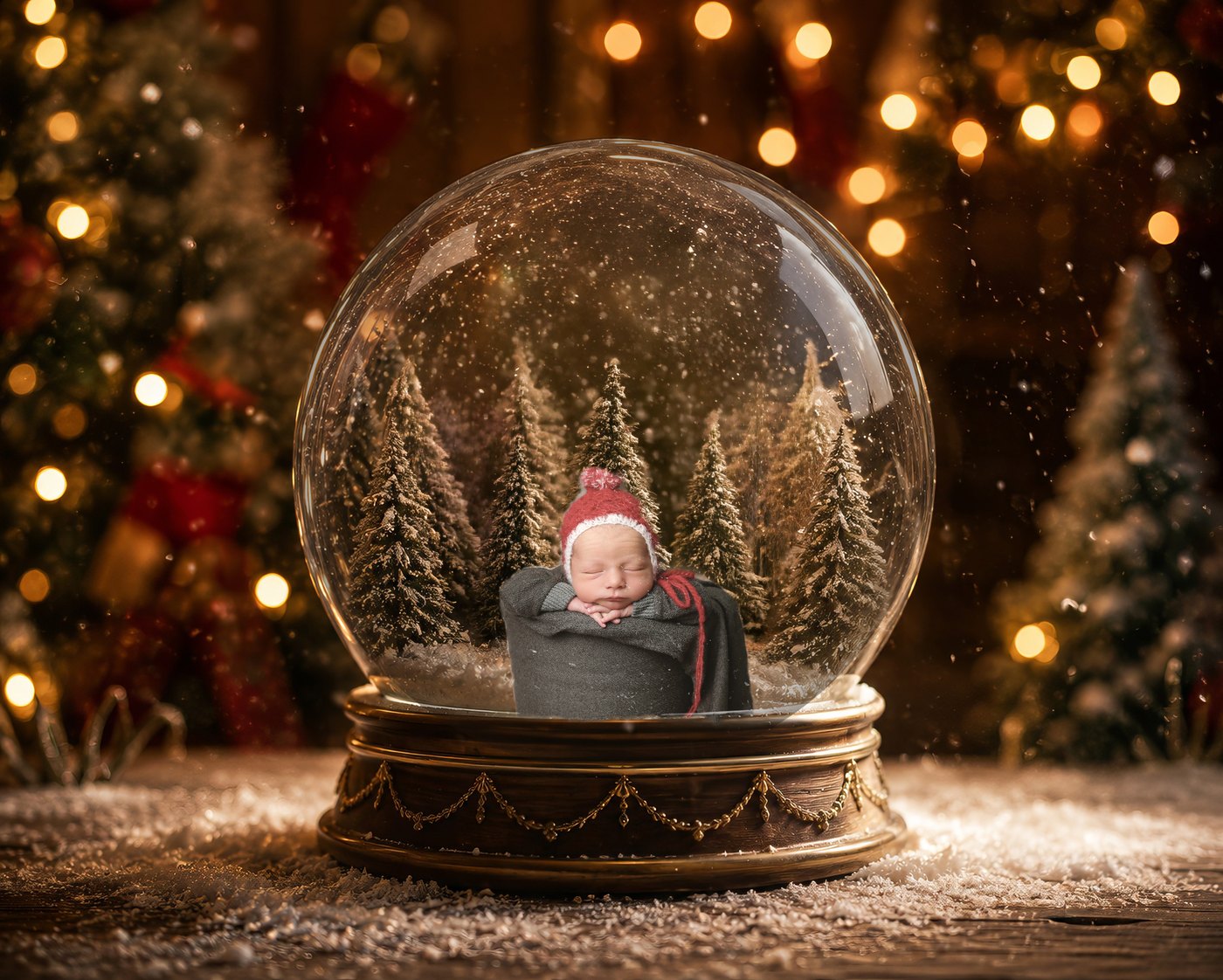 Newborn inside a snow globe scene