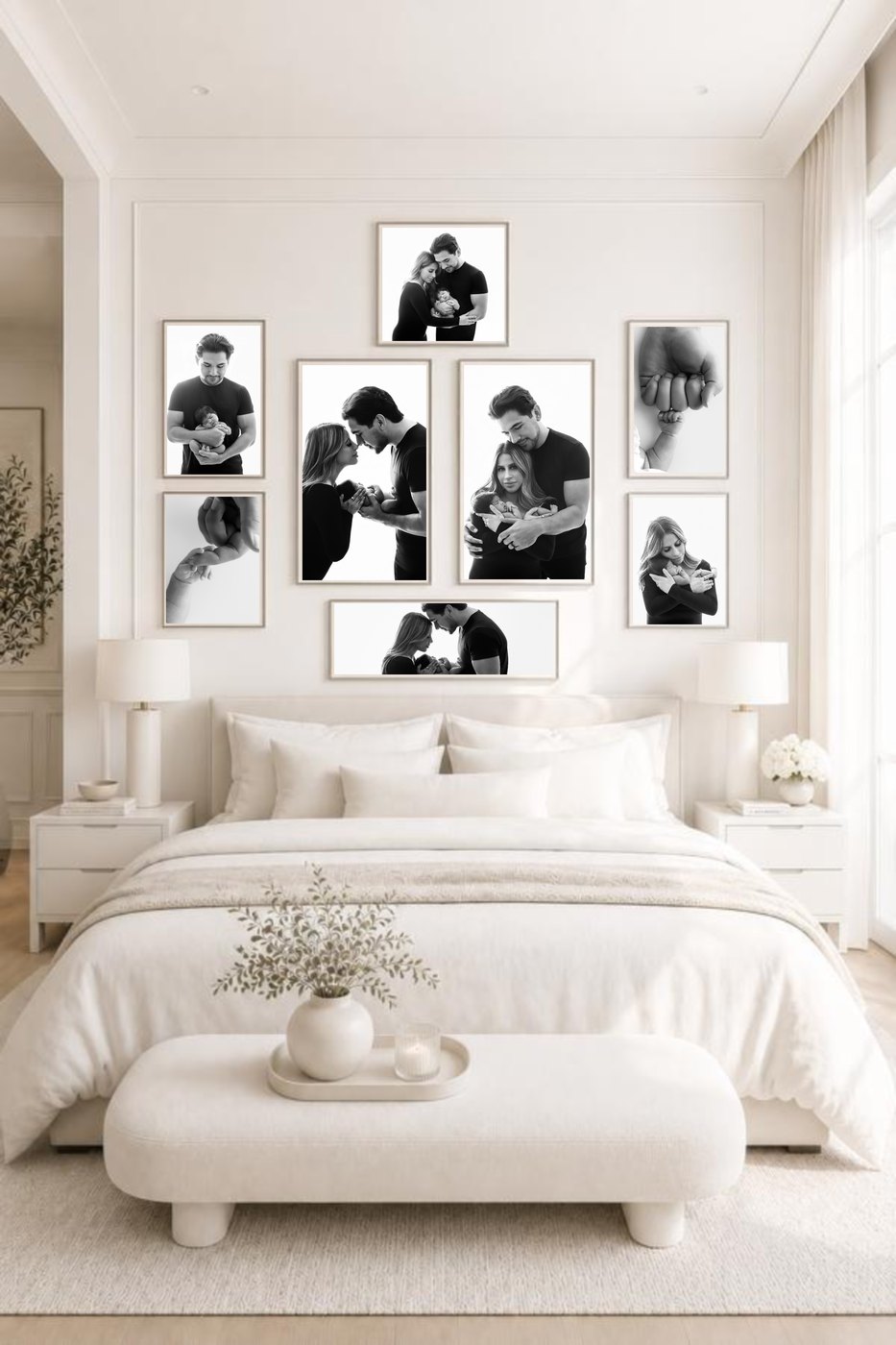 Wall gallery of newborn portraits above a bed