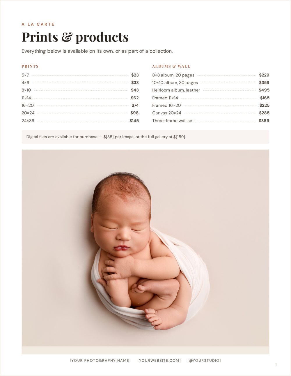Price list &mdash; prints and albums, dot leaders, two columns