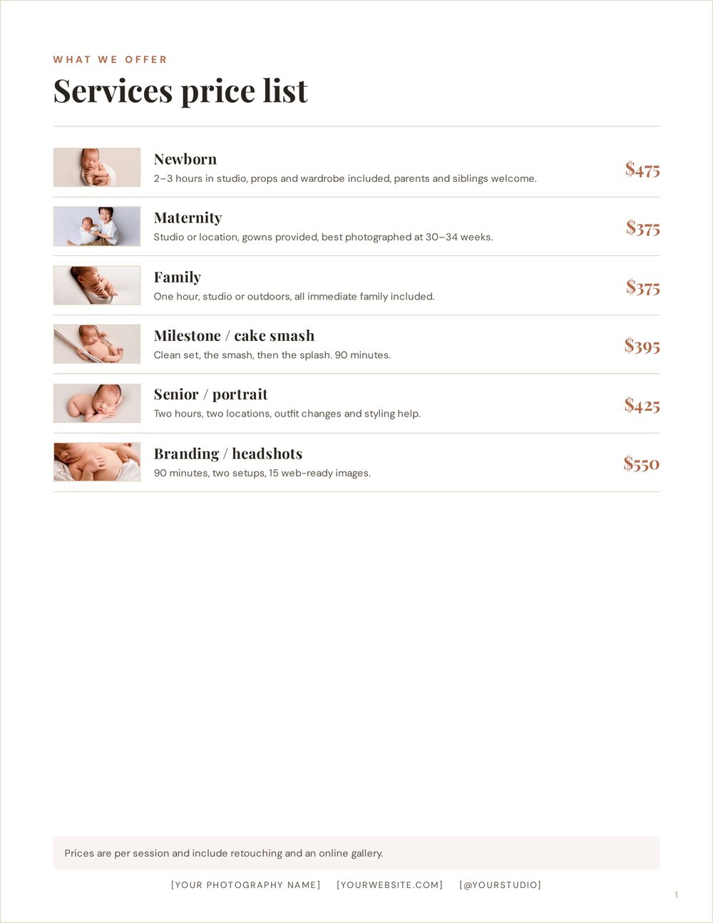 Services menu &mdash; each service with a photo, a line and a price