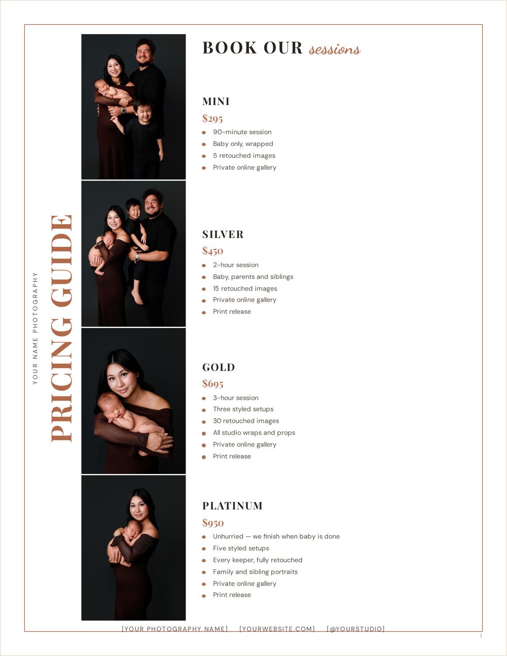Vertical title &mdash; sideways pricing guide, photo strip, four sessions