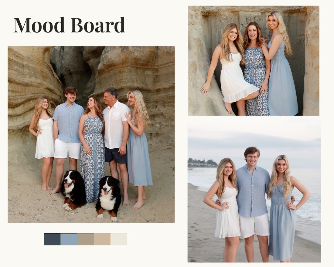 Client mood board with family images and a colour palette strip