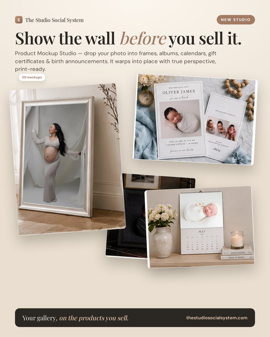 Photographs shown in frames, albums, calendars and birth announcements