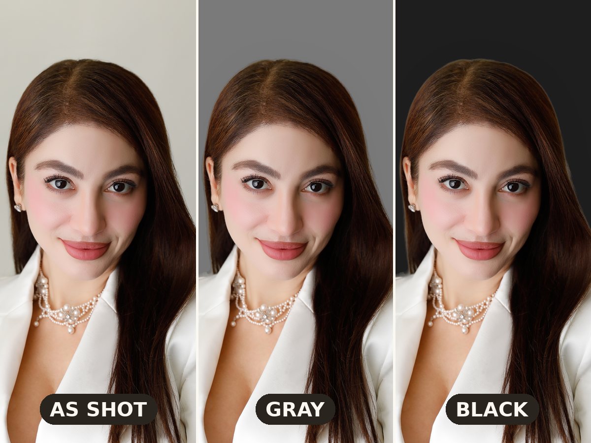 Backdrop Color: the same portrait as shot, on gray and on black