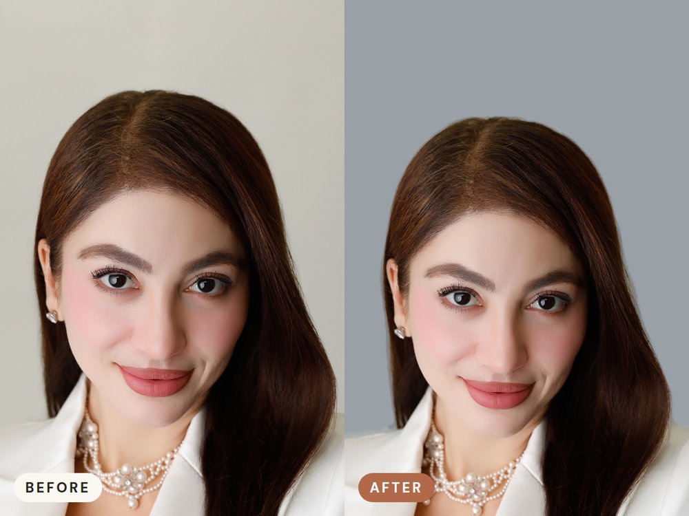 Headshot Studio: the same photograph before and after a new backdrop