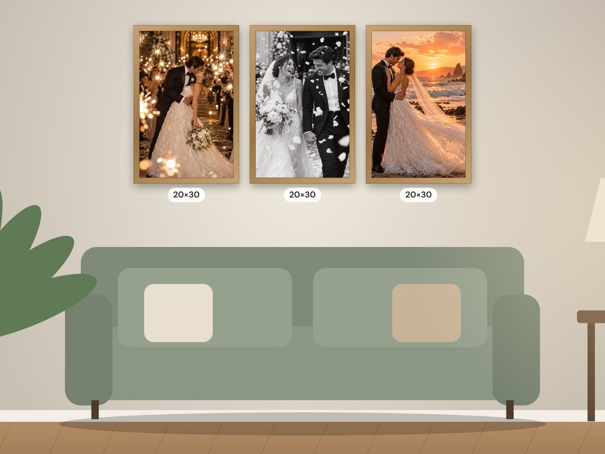 Wall Art Visualizer: three framed prints at real size above a sofa