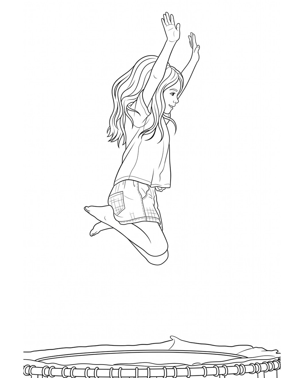Colouring page redrawn from a photograph of a girl jumping on a trampoline