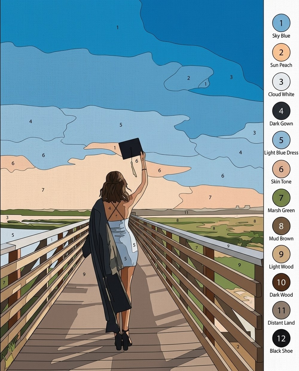 Paint-by-number redrawn from a graduation photograph on a boardwalk, with a twelve colour key down the side