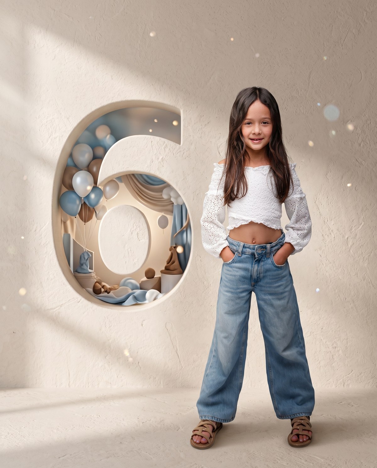 Sixth birthday portrait, a girl standing beside a number six cut into a cream plaster wall and filled with balloons