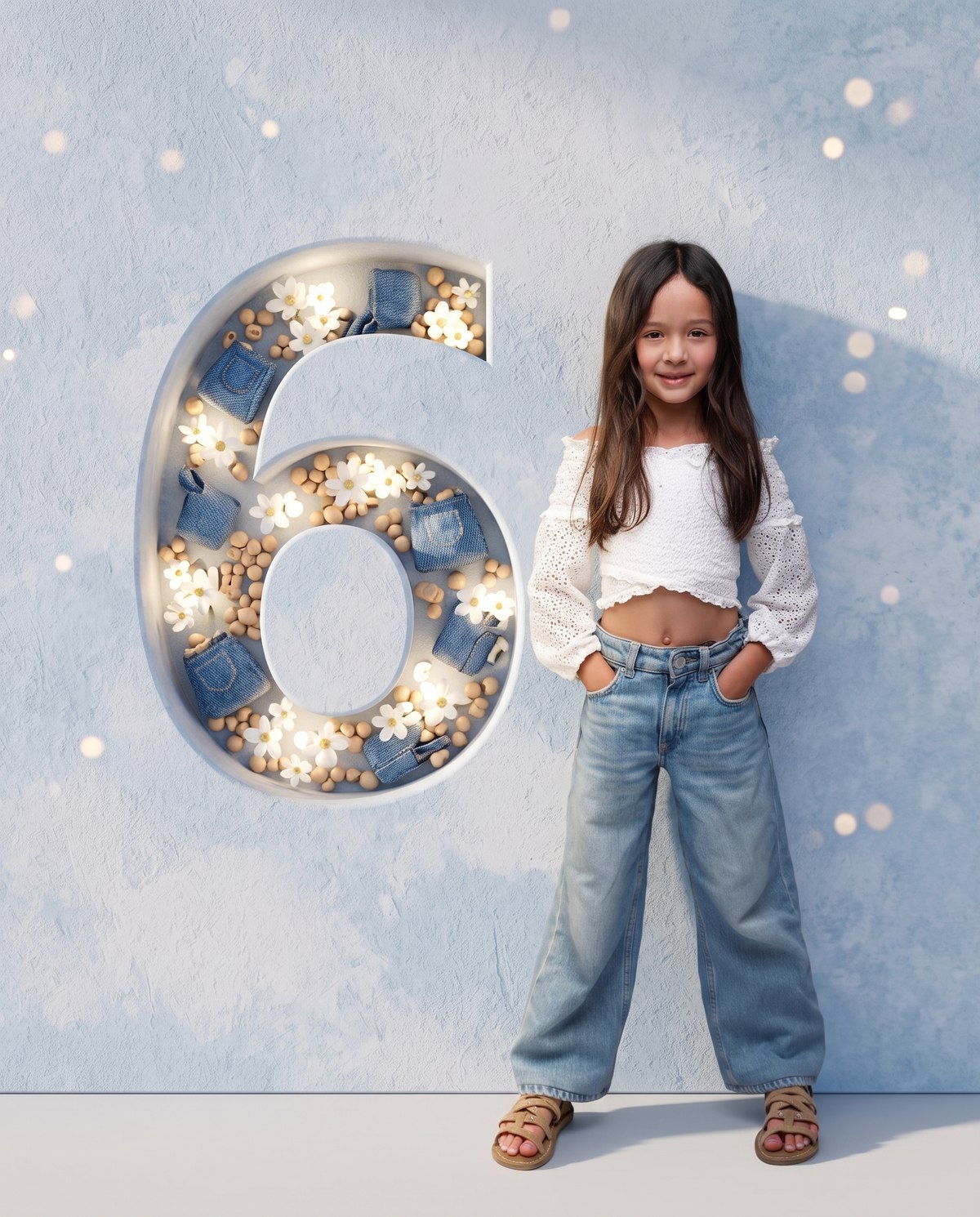 Sixth birthday portrait, a number six cut into a pale blue wall and filled with daisies and denim