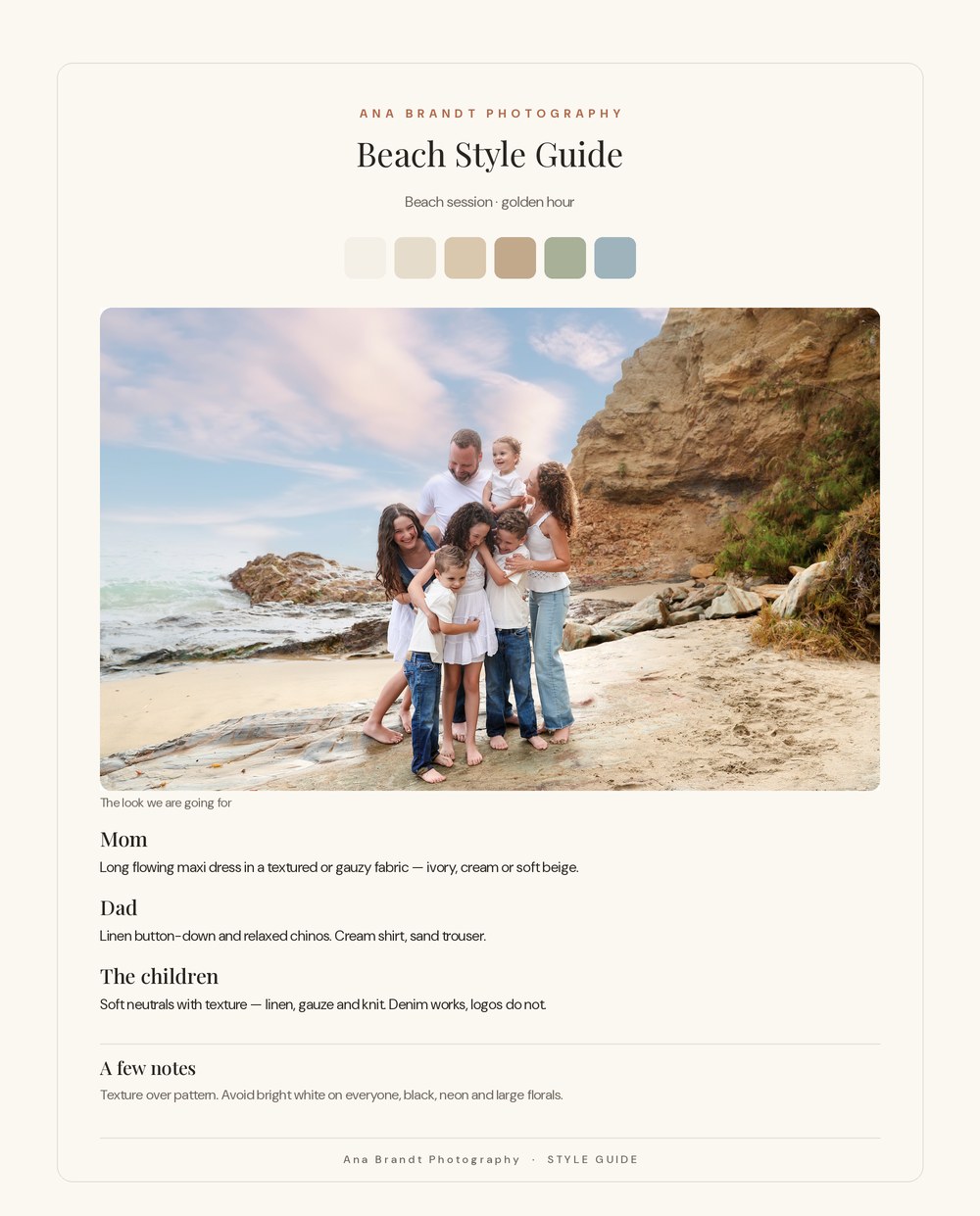 Beach family style guide showing a sand and sage palette with an outfit note for each family member