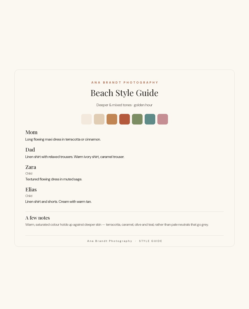 Beach style guide built for deeper and mixed skin tones, with a terracotta, caramel, olive and teal palette